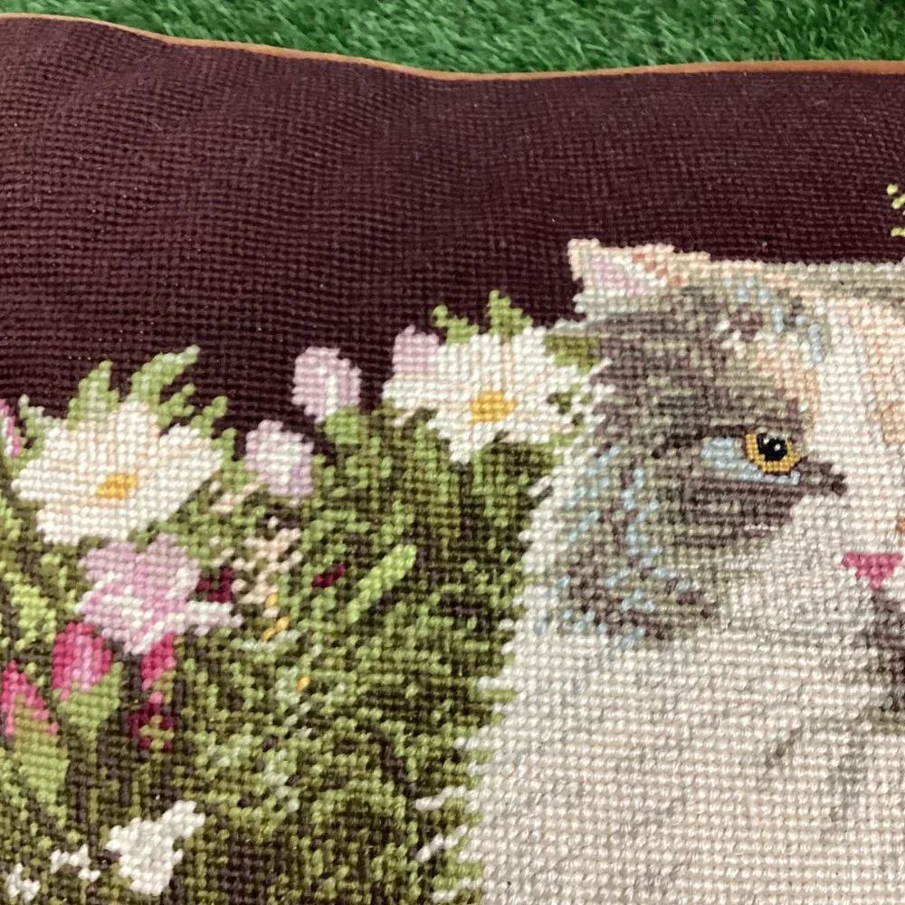 Vintage Cat Needlepoint Tapestry Pillow Long Haired Calico